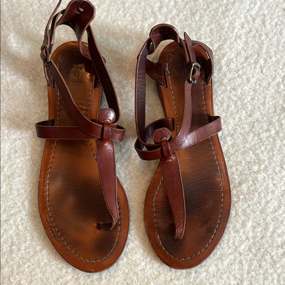 Brown T-strap Sandals with Leather Construction and Adjustable Ankle Strap
